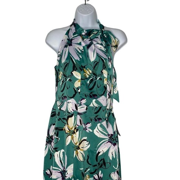 MAGGY LONDON Woman’s CAROLINA HALTER DRESS FLORAL MIDI CHARMEUSE GREEN SZ 2 - Picture 3 of 9
